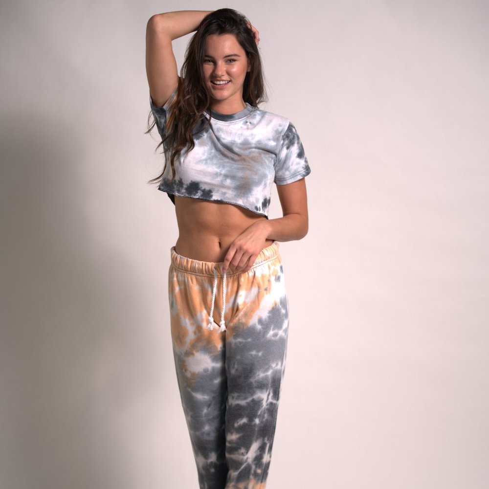 Women's Tie-Dye Two Piece Outfit Crop Top and Joggers Set Short Sleeve T Shirts